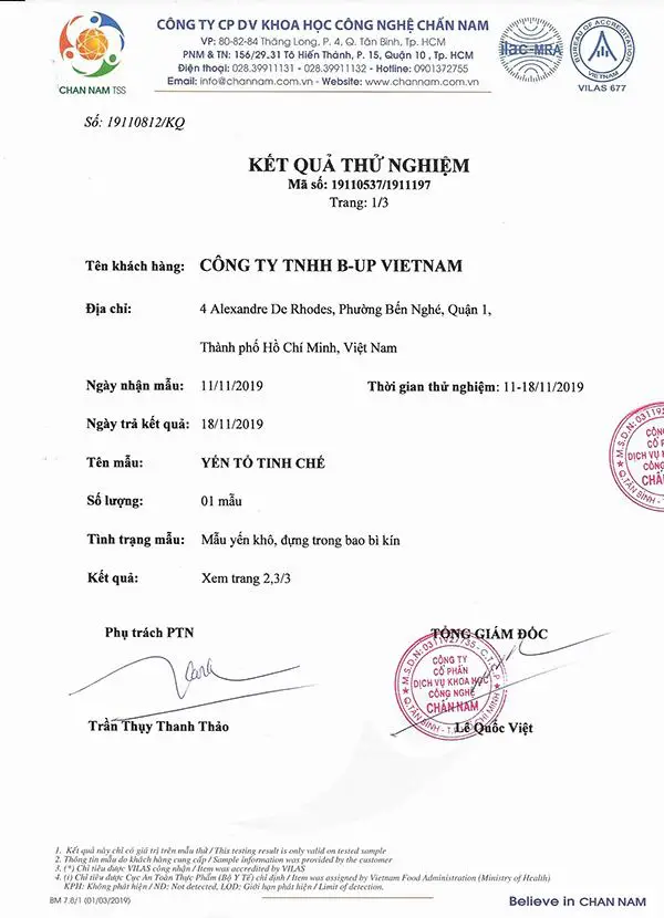 Phân tích hàm lượng chất trong tổ Yến Nàng Yến Phân tích hàm lượng chất trong tổ Yến Nàng Yến