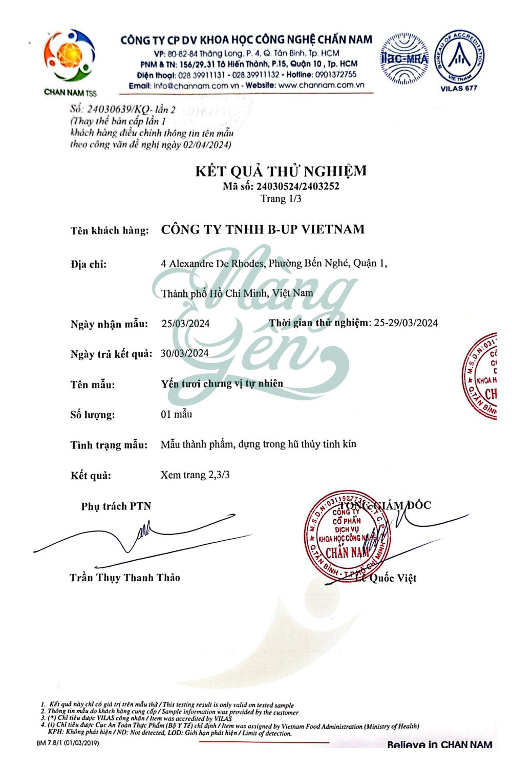 GIẤY KIỂM NGHIỆM SP YẾN TƯƠI CHƯNG SẴN - NÀNG YẾN